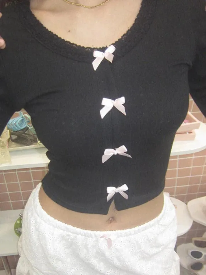 Lace Trim Bow Decor Crop Long Sleeve Knit